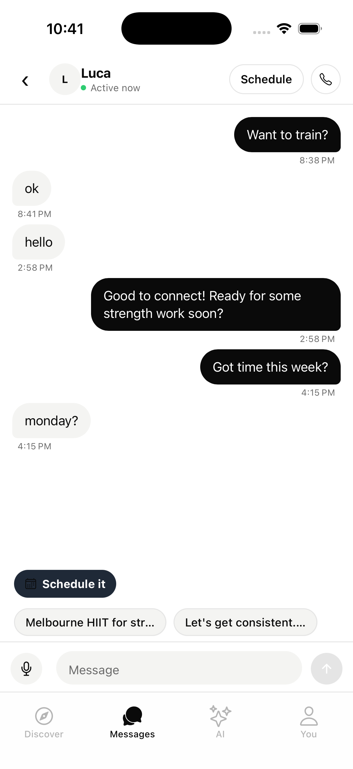 FitPal Messages screen showing a buddy chat thread with scheduling pill